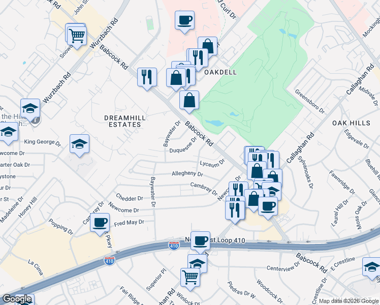 map of restaurants, bars, coffee shops, grocery stores, and more near 6911 Accolon Drive in San Antonio