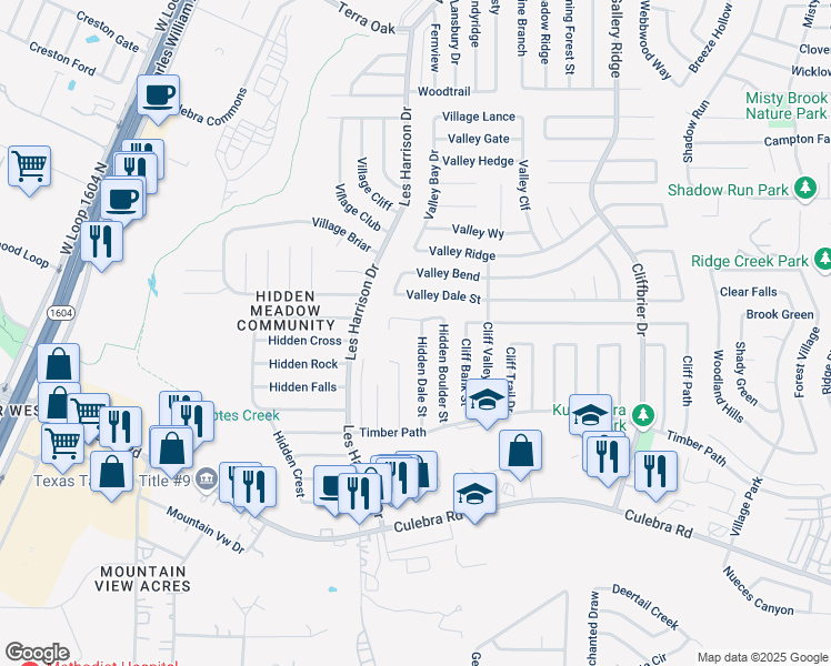 map of restaurants, bars, coffee shops, grocery stores, and more near 5971 Hidden Dale Street in San Antonio