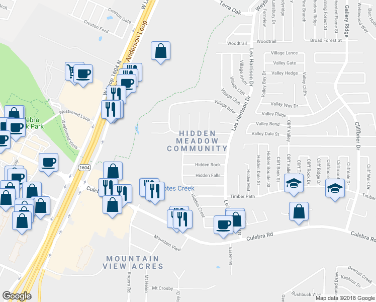 map of restaurants, bars, coffee shops, grocery stores, and more near 9782 Hidden Cross in San Antonio