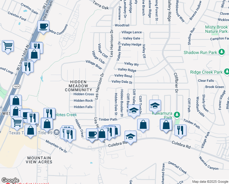map of restaurants, bars, coffee shops, grocery stores, and more near 5971 Hidden Dale Street in San Antonio