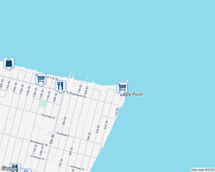 map of restaurants, bars, coffee shops, grocery stores, and more near 301 Avenue A in San Leon