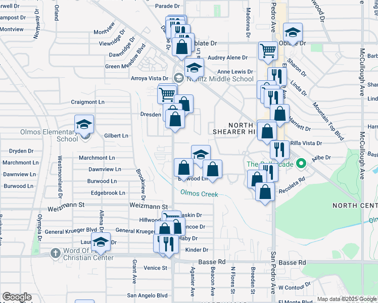 map of restaurants, bars, coffee shops, grocery stores, and more near 5200 Blanco Road in San Antonio