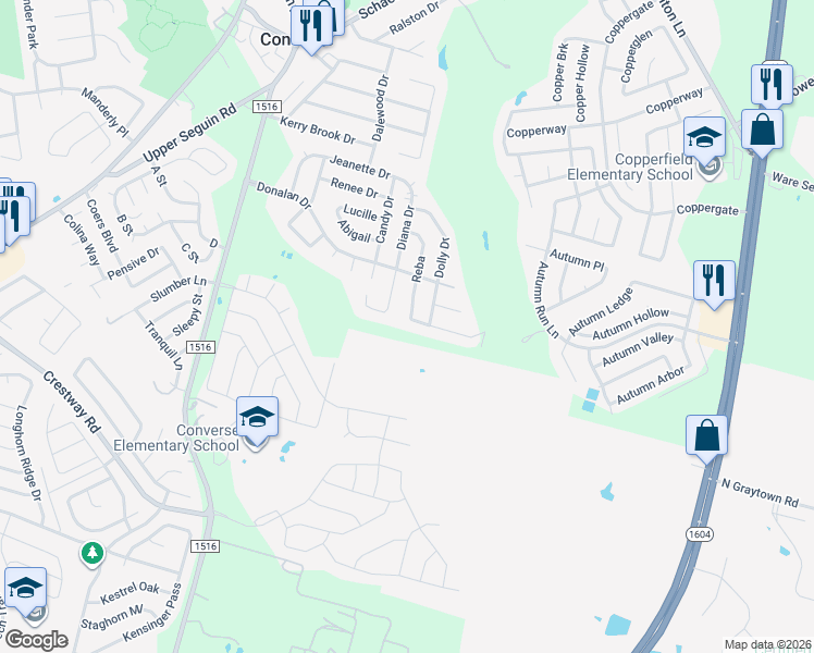 map of restaurants, bars, coffee shops, grocery stores, and more near 406 Idamarie in Converse