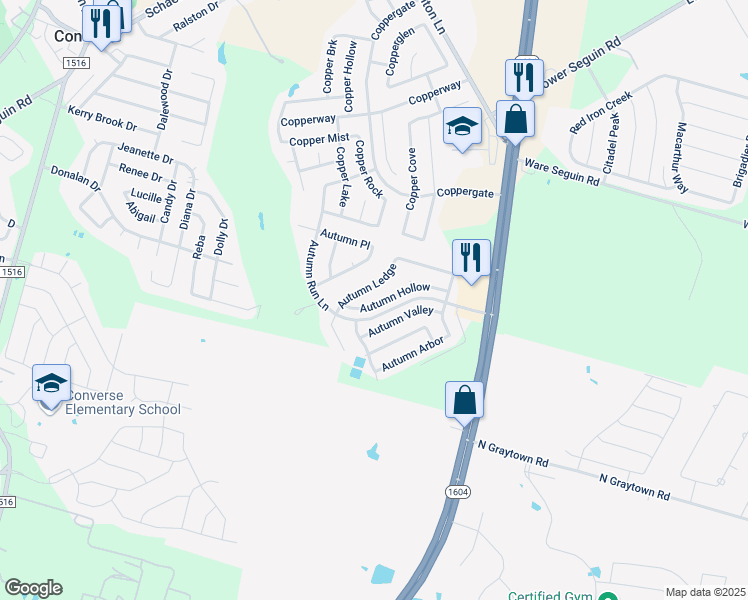 map of restaurants, bars, coffee shops, grocery stores, and more near 9723 Autumn Hollow in Converse