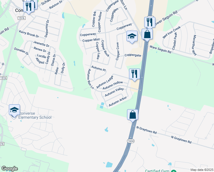 map of restaurants, bars, coffee shops, grocery stores, and more near 9723 Autumn Hollow in Converse