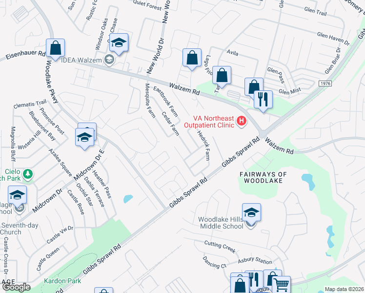 map of restaurants, bars, coffee shops, grocery stores, and more near 7426 Circle Farm in San Antonio