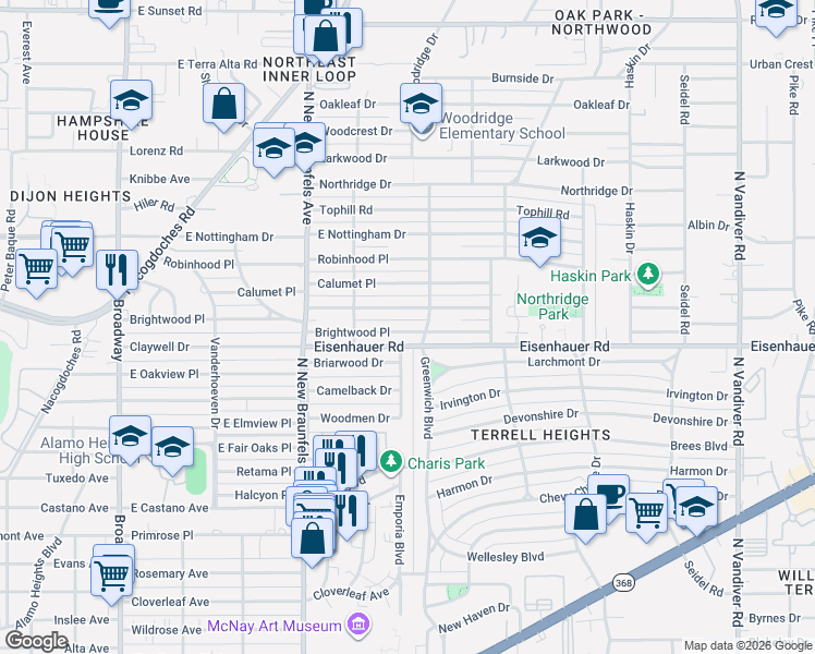map of restaurants, bars, coffee shops, grocery stores, and more near 530 Brightwood Place in San Antonio