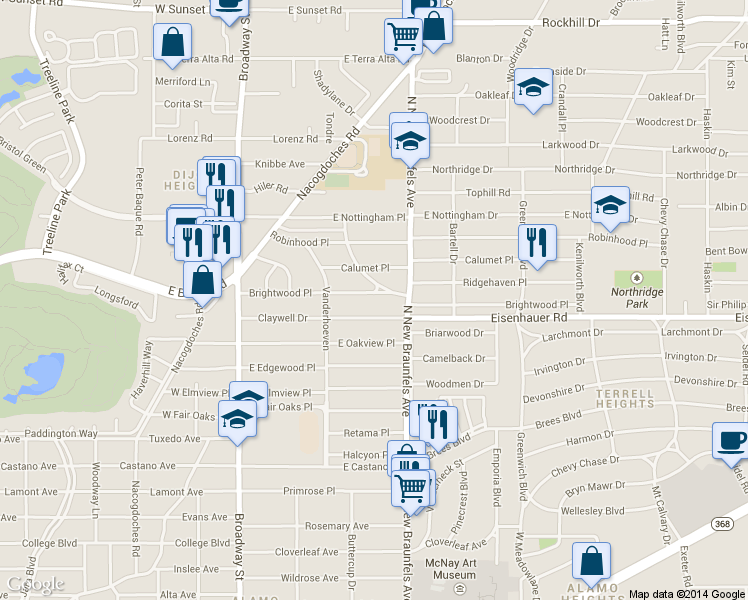 map of restaurants, bars, coffee shops, grocery stores, and more near 271 Claywell Drive in San Antonio