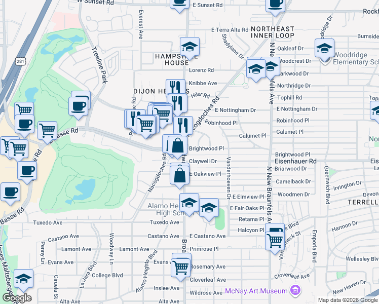 map of restaurants, bars, coffee shops, grocery stores, and more near 109 Claywell Drive in San Antonio