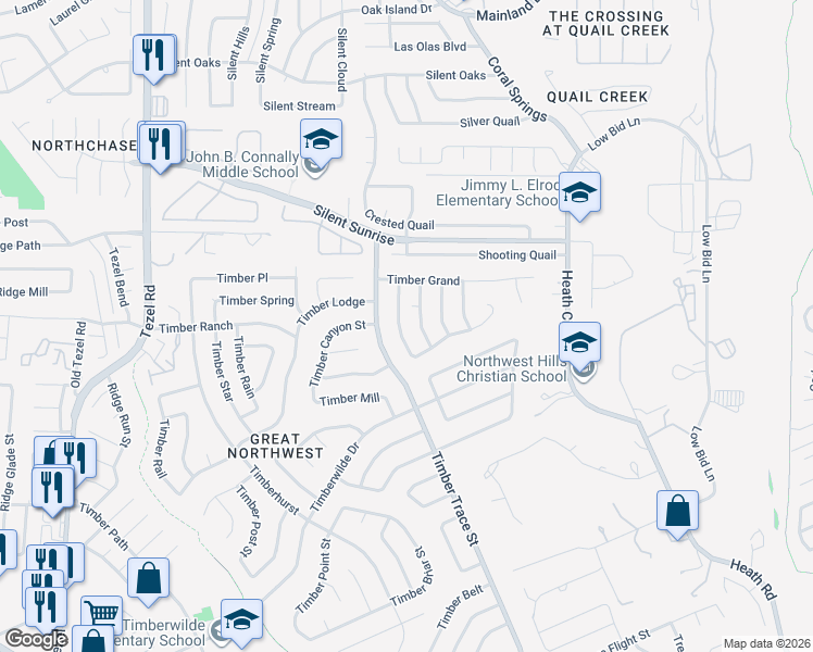 map of restaurants, bars, coffee shops, grocery stores, and more near 5514 Timber Bark in San Antonio