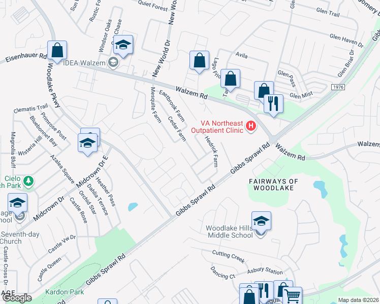 map of restaurants, bars, coffee shops, grocery stores, and more near 7426 Circle Farm in San Antonio