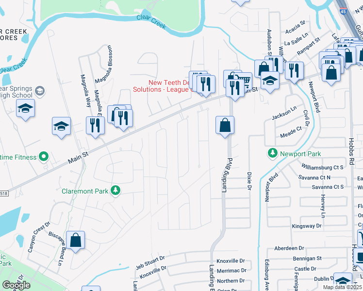 map of restaurants, bars, coffee shops, grocery stores, and more near 311 Green Cedar Drive in League City