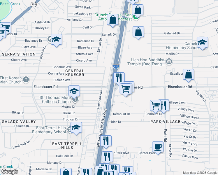 map of restaurants, bars, coffee shops, grocery stores, and more near Interstate 35 Access Road in San Antonio