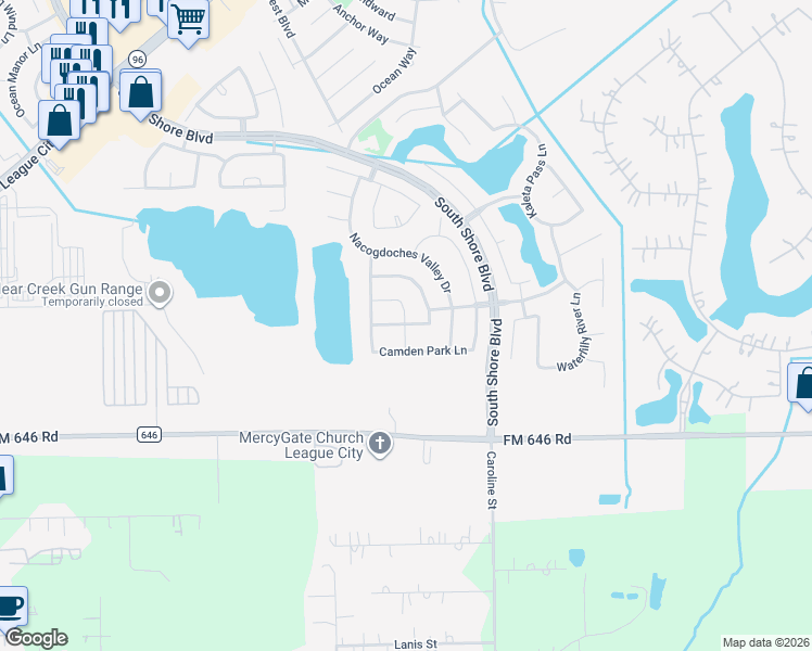 map of restaurants, bars, coffee shops, grocery stores, and more near Choke Canyon Lane in League City