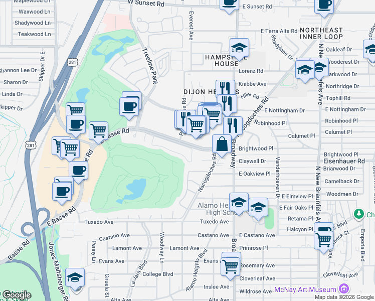 map of restaurants, bars, coffee shops, grocery stores, and more near 42 Longsford in San Antonio