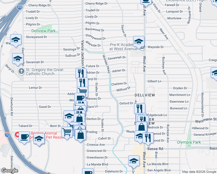 map of restaurants, bars, coffee shops, grocery stores, and more near 219 Milford Drive in San Antonio