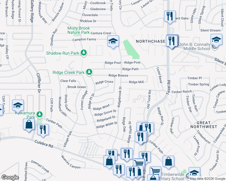 map of restaurants, bars, coffee shops, grocery stores, and more near 9200 Ridge Town in San Antonio