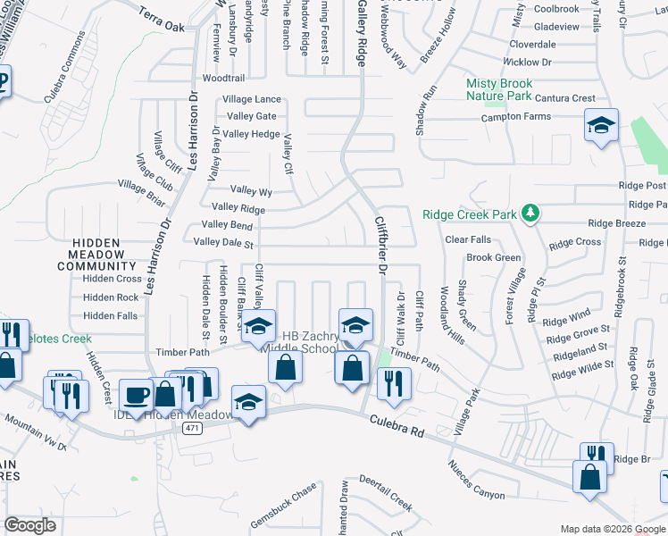 map of restaurants, bars, coffee shops, grocery stores, and more near 9311 Cliff Point Drive in San Antonio