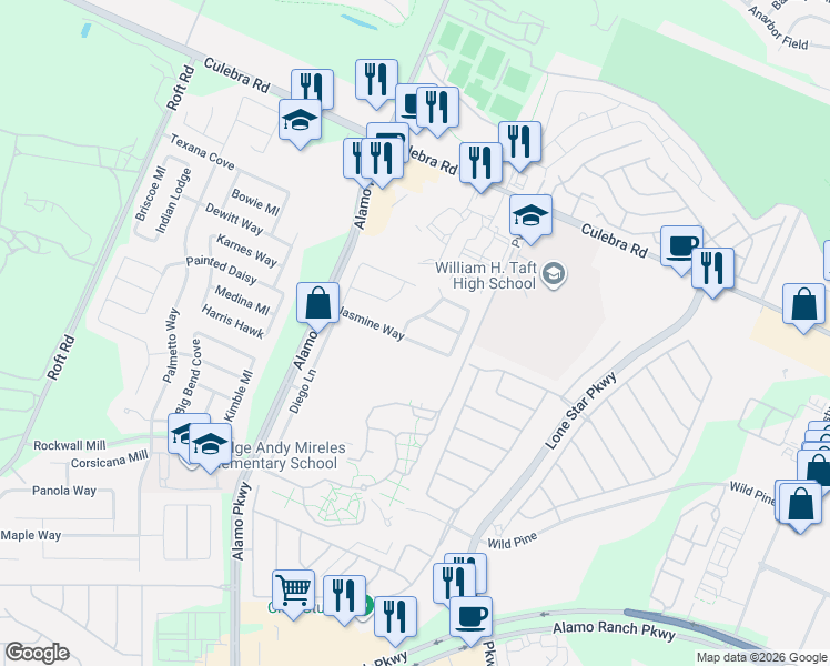 map of restaurants, bars, coffee shops, grocery stores, and more near 11838 Jasmine Way in San Antonio