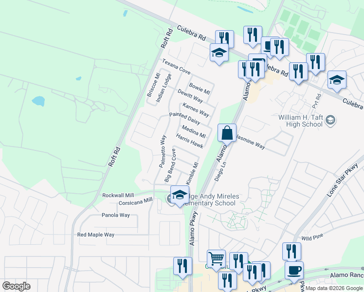 map of restaurants, bars, coffee shops, grocery stores, and more near 12150 Dawson Circle in San Antonio