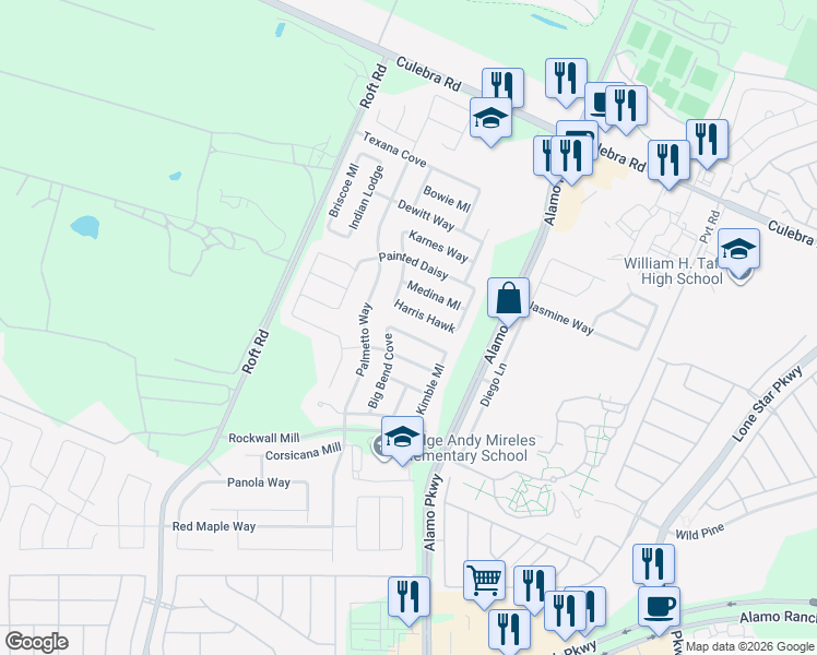 map of restaurants, bars, coffee shops, grocery stores, and more near 12150 Dawson Circle in San Antonio