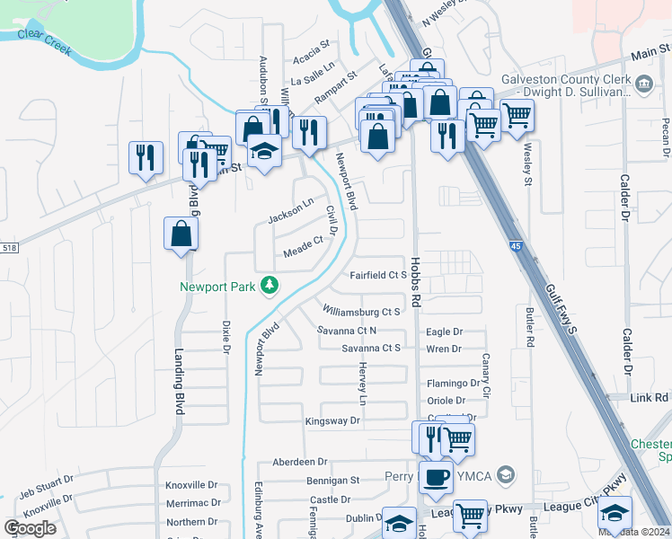 map of restaurants, bars, coffee shops, grocery stores, and more near 801 Newport Boulevard in League City