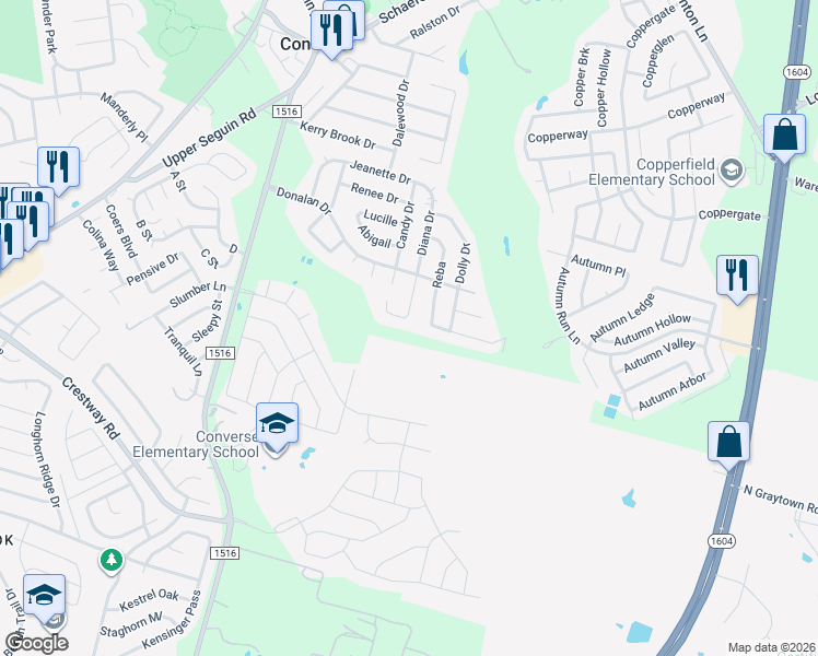 map of restaurants, bars, coffee shops, grocery stores, and more near 406 Idamarie in Converse