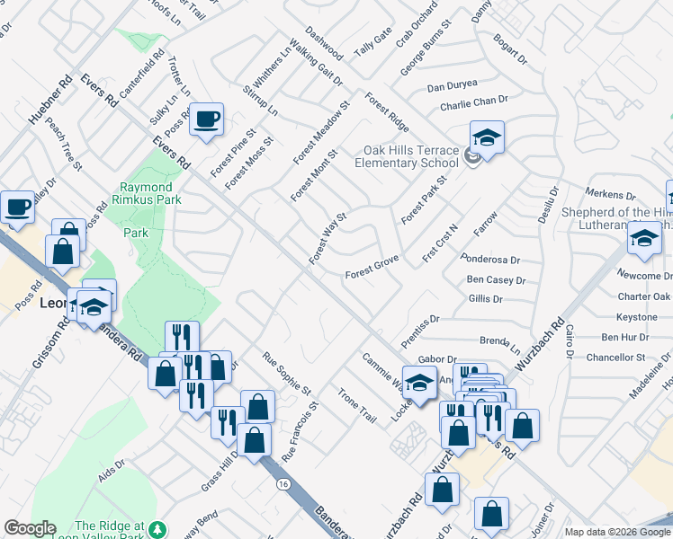 map of restaurants, bars, coffee shops, grocery stores, and more near 6134 Forest View in San Antonio