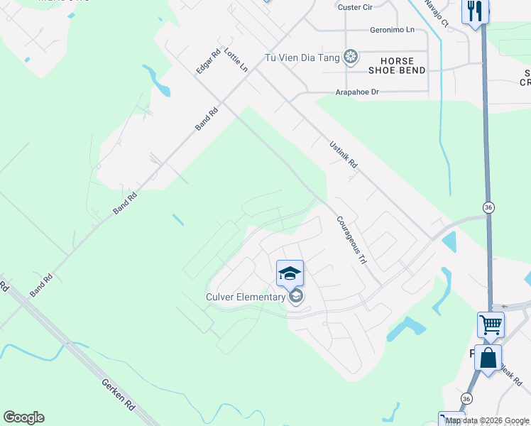 map of restaurants, bars, coffee shops, grocery stores, and more near 3121 Band Road in Rosenberg