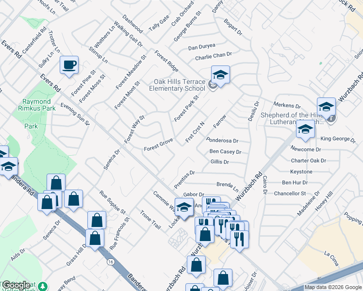map of restaurants, bars, coffee shops, grocery stores, and more near 6802 North Forest Crest Street in San Antonio