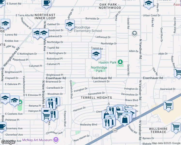 map of restaurants, bars, coffee shops, grocery stores, and more near 2611 Eisenhauer Road in San Antonio