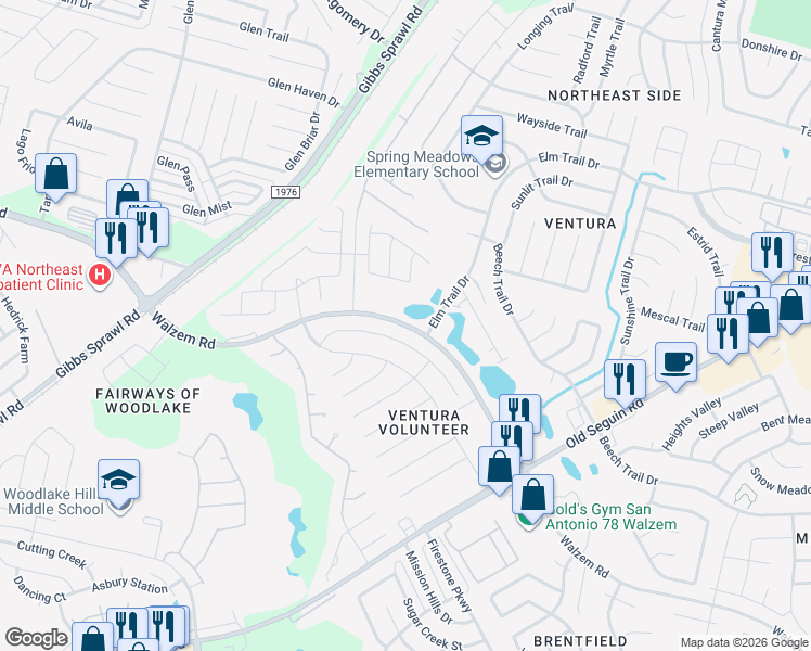 map of restaurants, bars, coffee shops, grocery stores, and more near 7112 Elk Trail in San Antonio