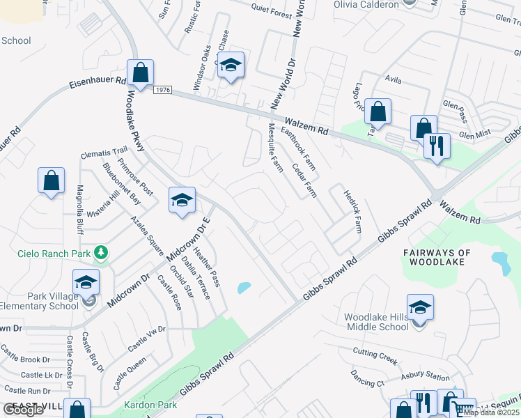 map of restaurants, bars, coffee shops, grocery stores, and more near 266 Azzalie Lane in San Antonio