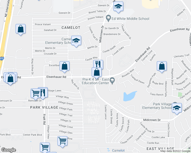 map of restaurants, bars, coffee shops, grocery stores, and more near 5414 Midcrown Drive in San Antonio