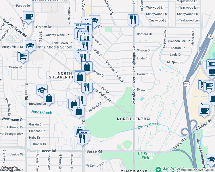 map of restaurants, bars, coffee shops, grocery stores, and more near 132 Dot Drive in San Antonio