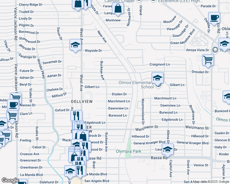 map of restaurants, bars, coffee shops, grocery stores, and more near 154 Dryden Drive in San Antonio