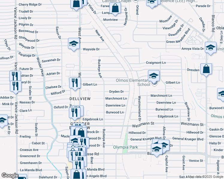 map of restaurants, bars, coffee shops, grocery stores, and more near 154 Dryden Drive in San Antonio