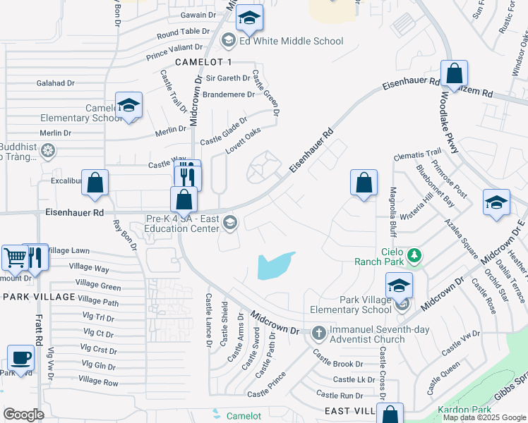 map of restaurants, bars, coffee shops, grocery stores, and more near 7243 Lavaca Bluff in San Antonio