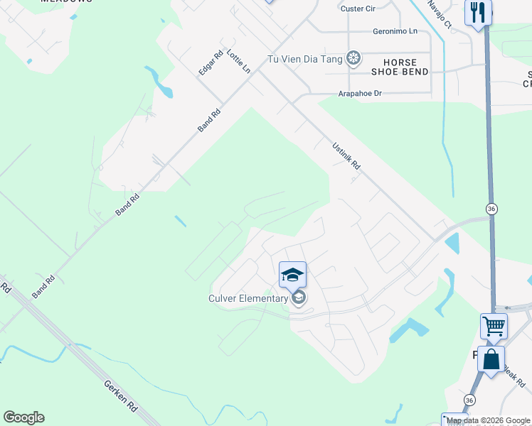 map of restaurants, bars, coffee shops, grocery stores, and more near 3121 Band Road in Rosenberg