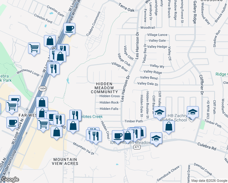 map of restaurants, bars, coffee shops, grocery stores, and more near 9710 Hidden Cross in San Antonio
