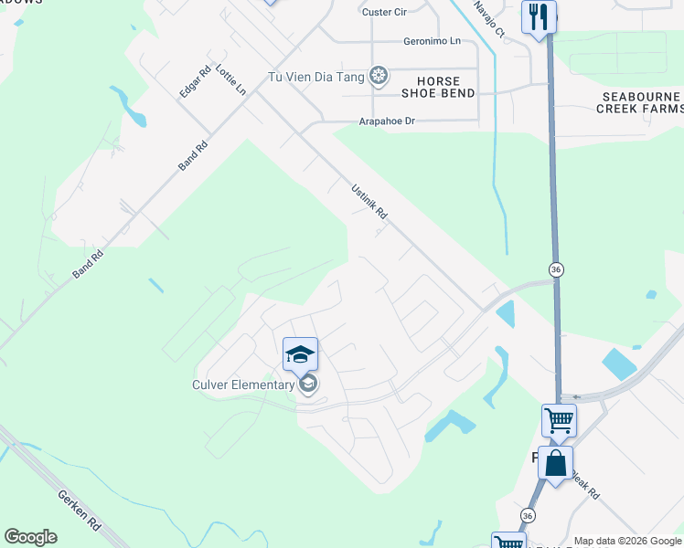 map of restaurants, bars, coffee shops, grocery stores, and more near 4323 Greeley Lane in Rosenberg