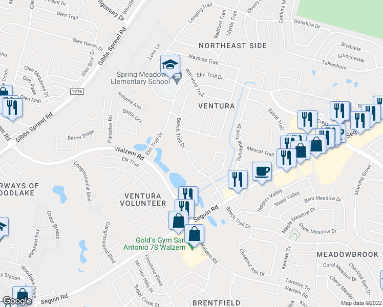 map of restaurants, bars, coffee shops, grocery stores, and more near 8006 Chimney Trail in San Antonio
