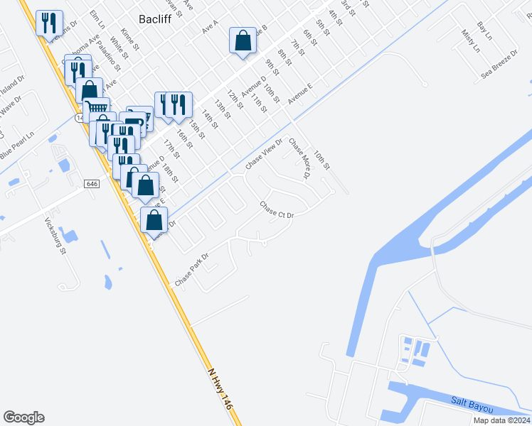 map of restaurants, bars, coffee shops, grocery stores, and more near 903 Chase Lock Drive in Bacliff