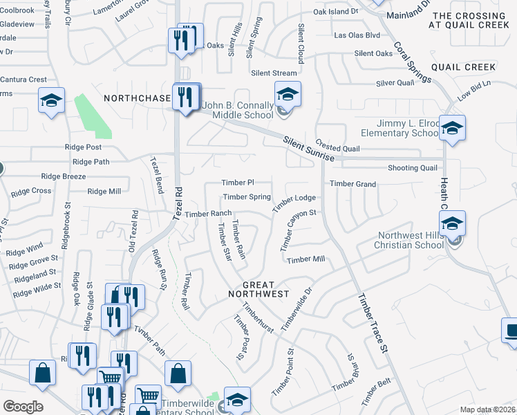 map of restaurants, bars, coffee shops, grocery stores, and more near 8623 Timberlight in San Antonio