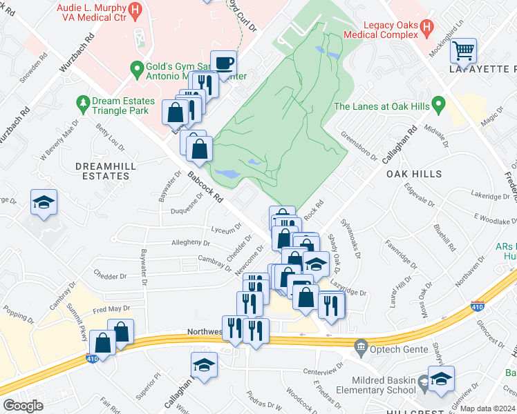 map of restaurants, bars, coffee shops, grocery stores, and more near 1819 Babcock Road in San Antonio