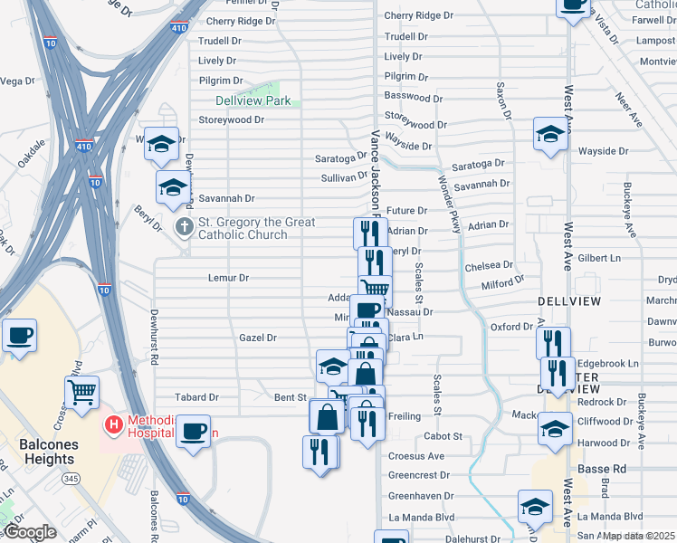 map of restaurants, bars, coffee shops, grocery stores, and more near 119 Addax Drive in San Antonio