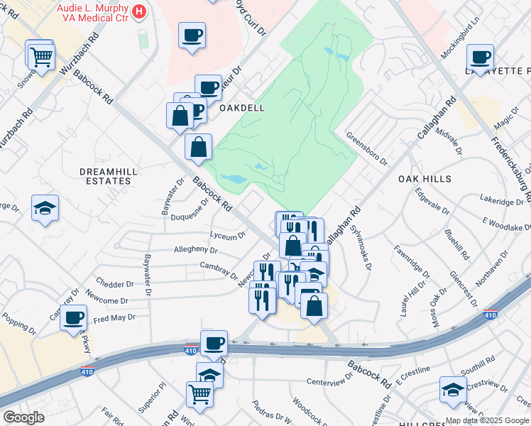 map of restaurants, bars, coffee shops, grocery stores, and more near 1819 Babcock Road in San Antonio