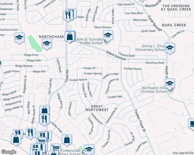 map of restaurants, bars, coffee shops, grocery stores, and more near 8623 Timberlight in San Antonio
