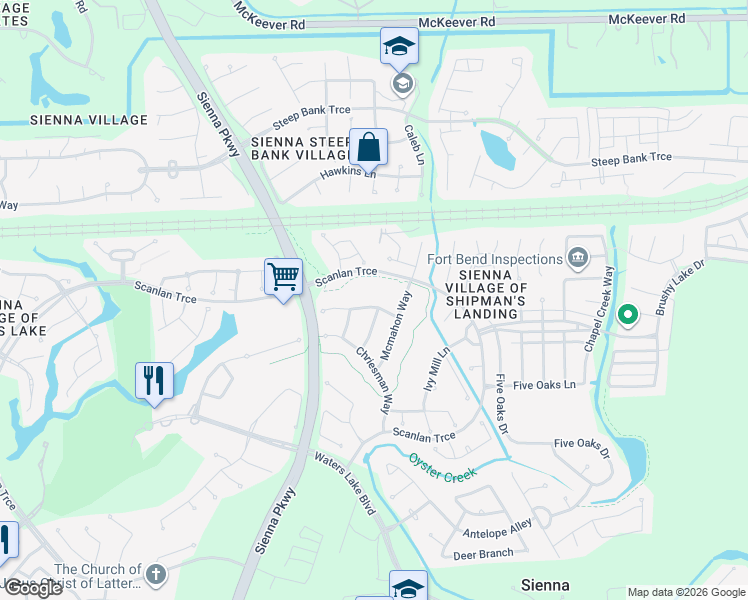 map of restaurants, bars, coffee shops, grocery stores, and more near 9818 Mcmahon Court in Missouri City