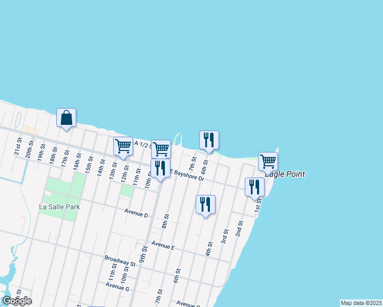 map of restaurants, bars, coffee shops, grocery stores, and more near 128 7th Street in San Leon